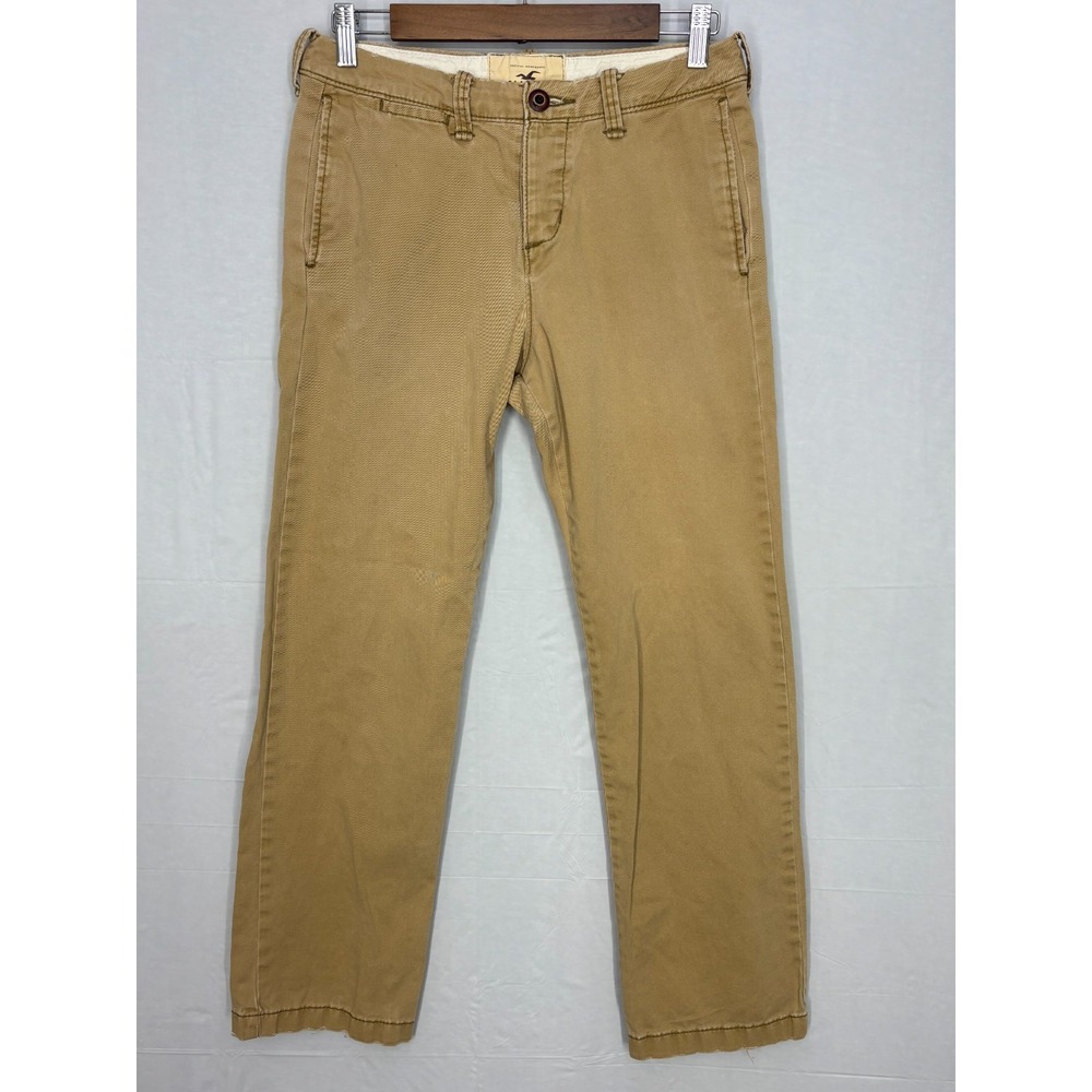 Hollister Straight Leg Chino Pants Mens Brown Logo Button Fly Flat Front 28x30